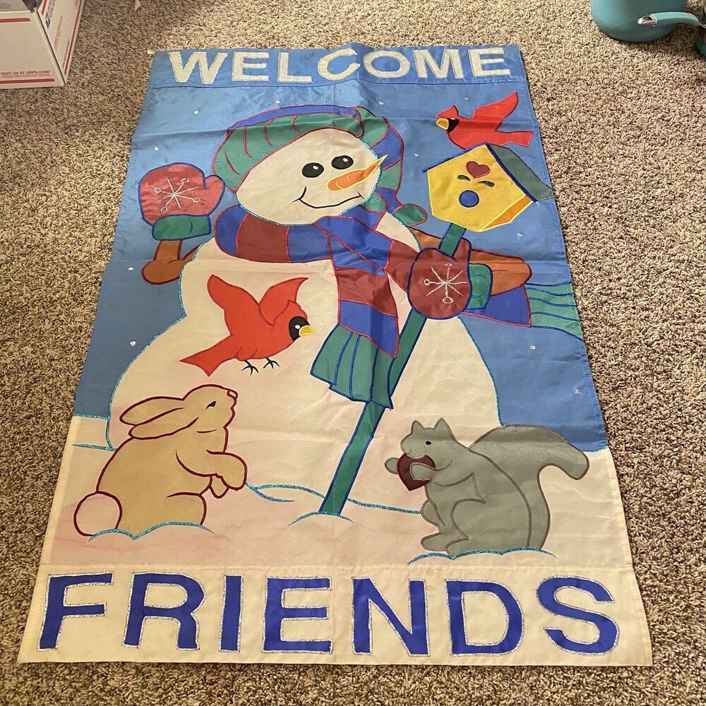 Snowman Welcome Friends Garden Flag 44x28 Double-Sided